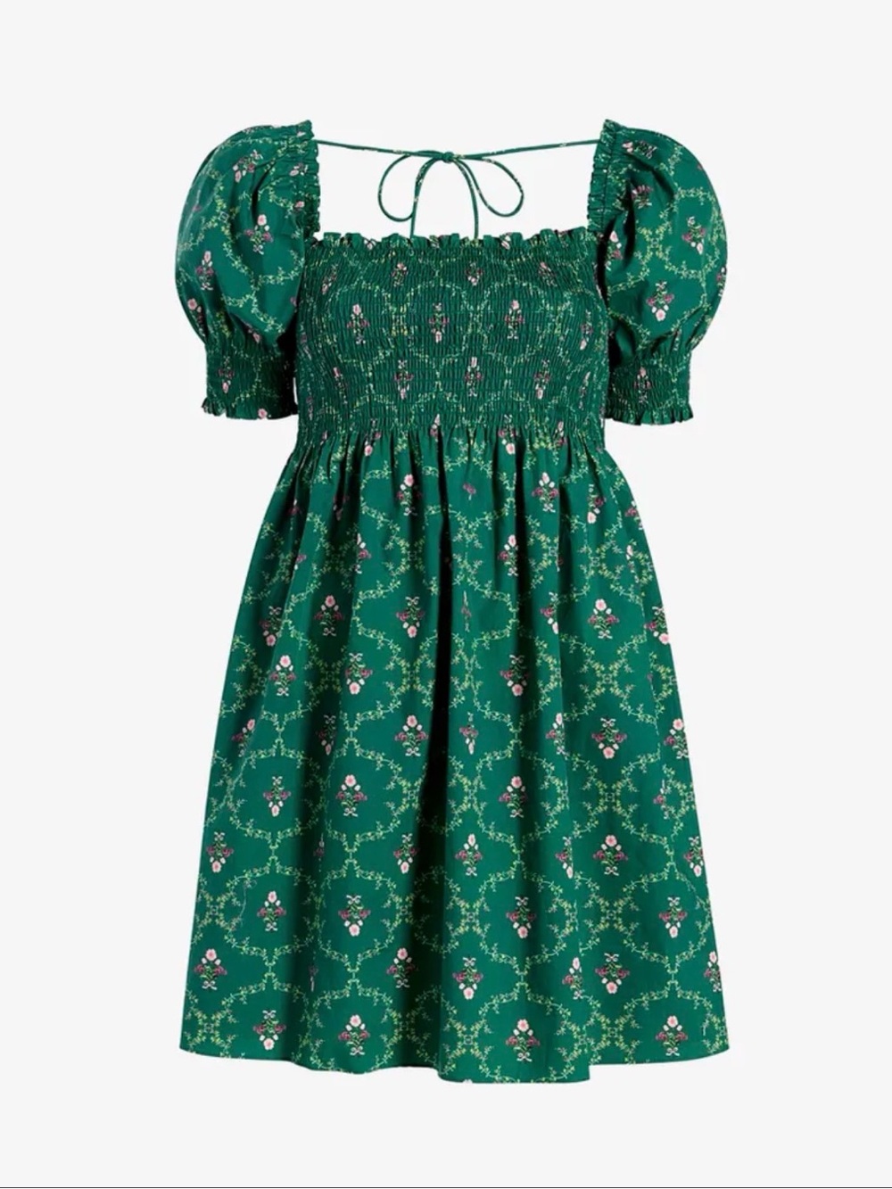 Hill House Home The Athena Nap Dress - Green Floral Smocked Puff Sleeve Dress